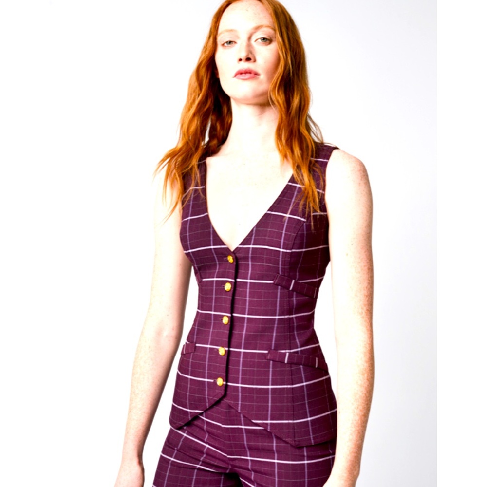 Smythe Mulberry Plaid Waistcoat 14 NWT